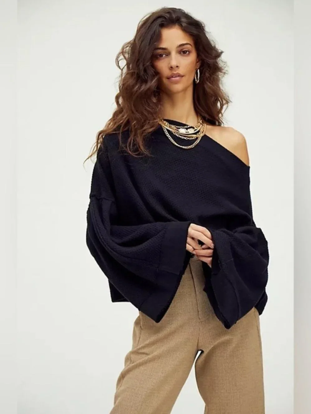 Free People Boho Boxy Bunny Tee Black Oversized Puff Sleeve Slit Off Shoulder